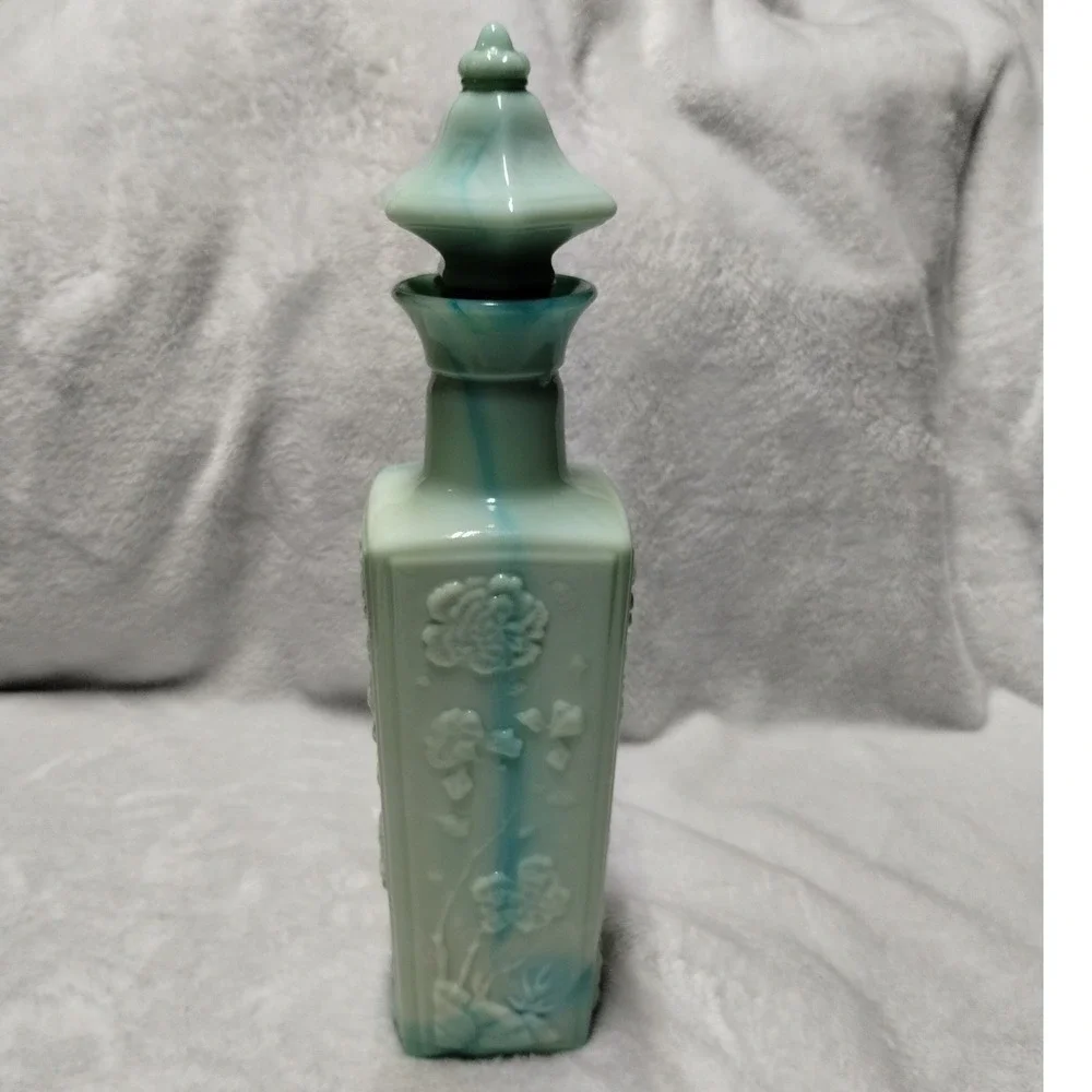 Vintage‎ Blue Green Slag Glass Liquor Bottle Decanter Floral Embossed w/ Stopper